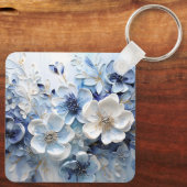 Moderne Elegante Blauwe Witte Botanische Bloem Sleutelhanger (Achterkant)