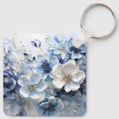 Moderne Elegante Blauwe Witte Botanische Bloem Sleutelhanger (Achterkant)