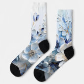Moderne Elegante Blauwe Witte Botanische Bloem Sokken (Links)