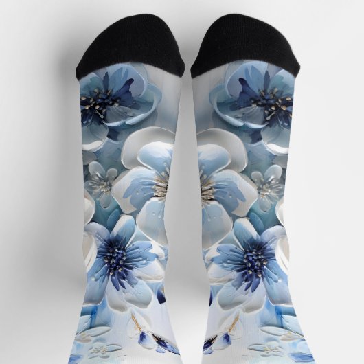 Moderne Elegante Blauwe Witte Botanische Bloem Sokken (Top)