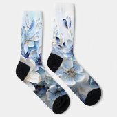 Moderne Elegante Blauwe Witte Botanische Bloem Sokken (Rechts)