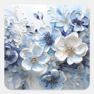Moderne Elegante Blauwe Witte Botanische Bloem Vierkante Sticker