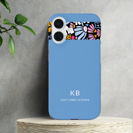 Moderne Elegante Blauwe Zwarte Bloempatroon  iPhone 16 Hoesje