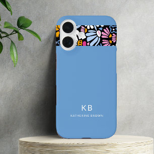 Moderne Elegante Blauwe Zwarte Bloempatroon iPhone 16 Hoesje