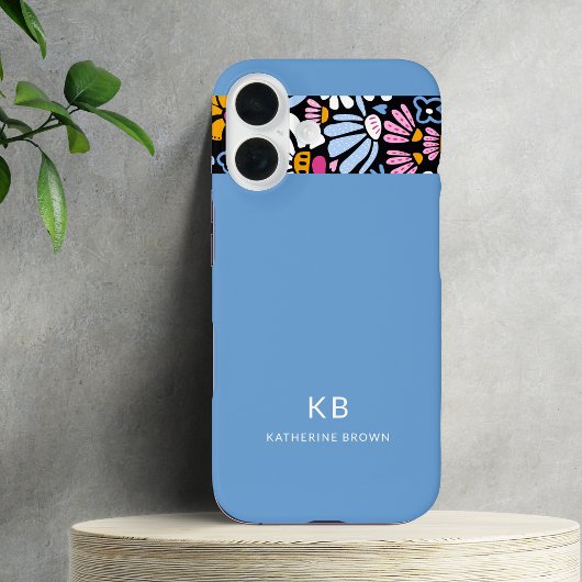 Moderne Elegante Blauwe Zwarte Bloempatroon Case-Mate iPhone Case