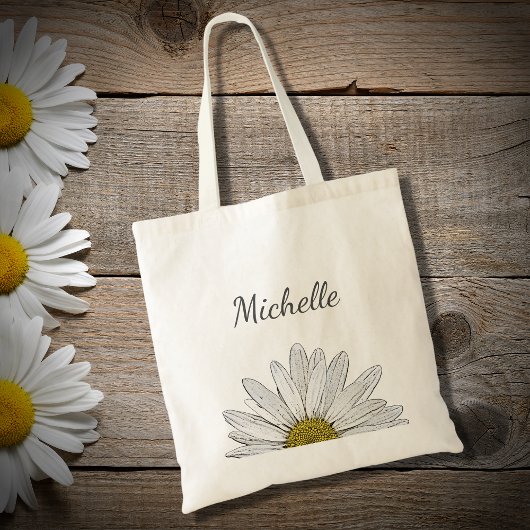 Moderne Elegante Bloem Lettertypografie Daisy Tote Bag
