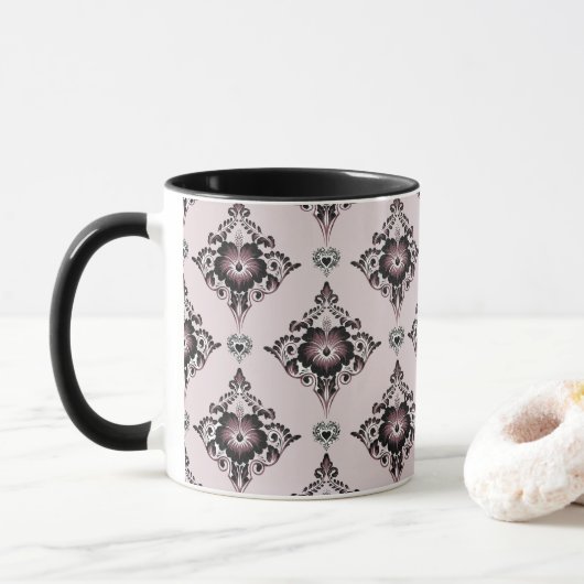 Moderne Elegante Bloemen Lavendel Damask Mok (Met donut)