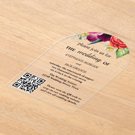Moderne Elegante Bloemen QR Code Budget Huwelijk Acryl Uitnodigingen (Laagn)
