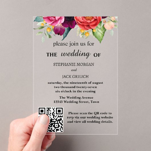 Moderne Elegante Bloemen QR Code Budget Huwelijk Acryl Uitnodigingen (Insitu (Draagbaar))