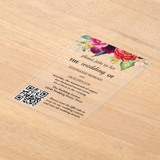 Moderne Elegante Bloemen QR Code Budget Huwelijk Acryl Uitnodigingen (Laagn)