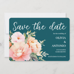 Moderne Elegante Bloemen Waterverf Pioen Diep Blau Save The Date