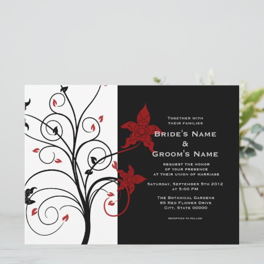 Moderne Elegante Bloemen Zwarte en Rode Huwelijksu Kaart (Staand voorkant)