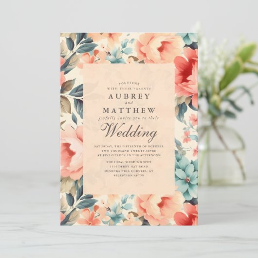 Moderne Elegante Bloemenperzik & Blauwgroen Bruilo Kaart (Staand voorkant)