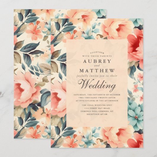 Moderne Elegante Bloemenperzik & Blauwgroen Bruilo Kaart (Voorkant / Achterkant)