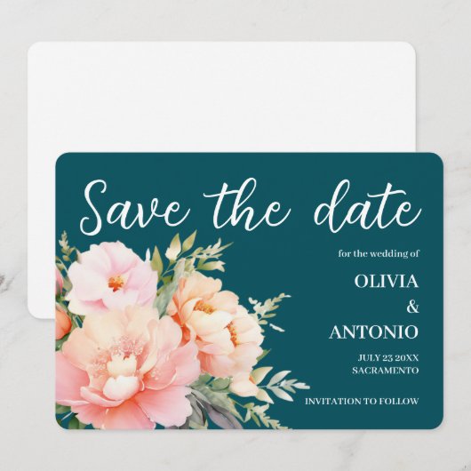 Moderne Elegante  Bloemige Waterverf Pioen Deep Te Save The Date (Voorkant / Achterkant)