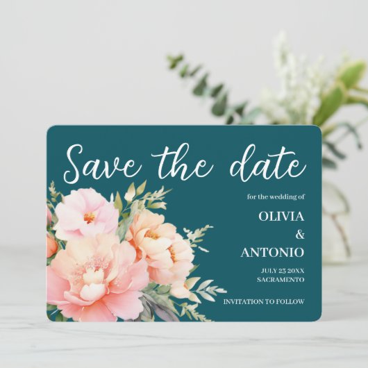 Moderne Elegante  Bloemige Waterverf Pioen Deep Te Save The Date (Staand voorkant)