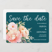 Moderne Elegante  Bloemige Waterverf Pioen Diep Te Save The Date (Voorkant / Achterkant)