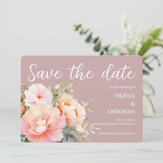 Moderne Elegante  Bloemige Waterverf Pioen Roze St Save The Date (Staand voorkant)