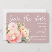Moderne Elegante  Bloemige Waterverf Pioen Roze St Save The Date (Voorkant)