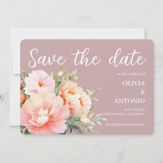 Moderne Elegante  Bloemige Waterverf Pioen Roze St Save The Date (Voorkant)