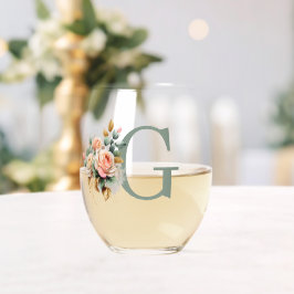 Moderne Elegante Bloemrijke Aangepaste Monogram Wijnglas Zonder Voet