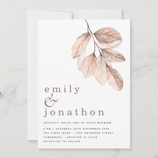 Moderne elegante blush bladeren bruiloft kaart (Voorkant)