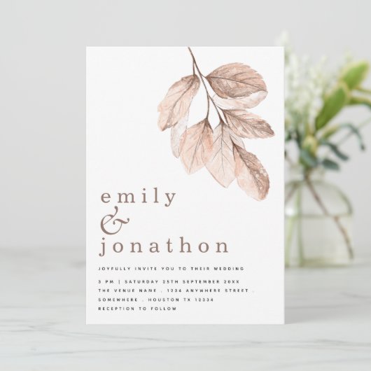 Moderne elegante blush bladeren bruiloft kaart (Staand voorkant)