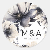 Moderne Elegante Boho Zwarte Witte Bloemige Bruilo Ronde Sticker (Voorkant)