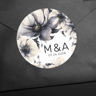 Moderne Elegante Boho Zwarte Witte Bloemige Bruilo Ronde Sticker