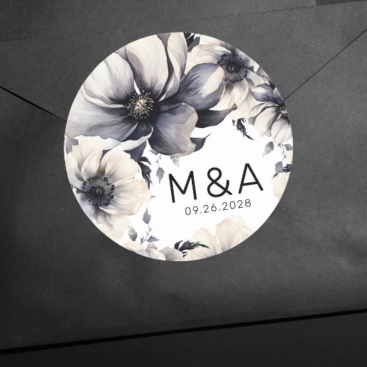 Moderne Elegante Boho Zwarte Witte Bloemige Bruilo Ronde Sticker