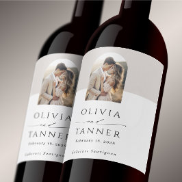 Moderne Elegante Boog Foto Neutraal Beige Huwelijk Wijn Etiket