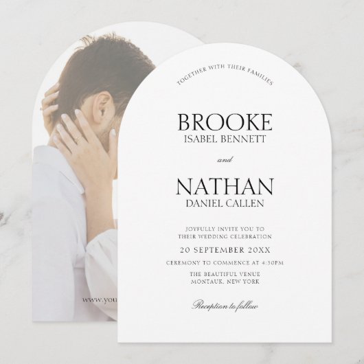 Moderne Elegante Boog Zwart & Wit Foto Huwelijk Kaart (Voorkant / Achterkant)