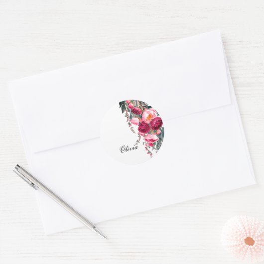 Moderne elegante bordeauxrode roos ronde sticker (Envelop)