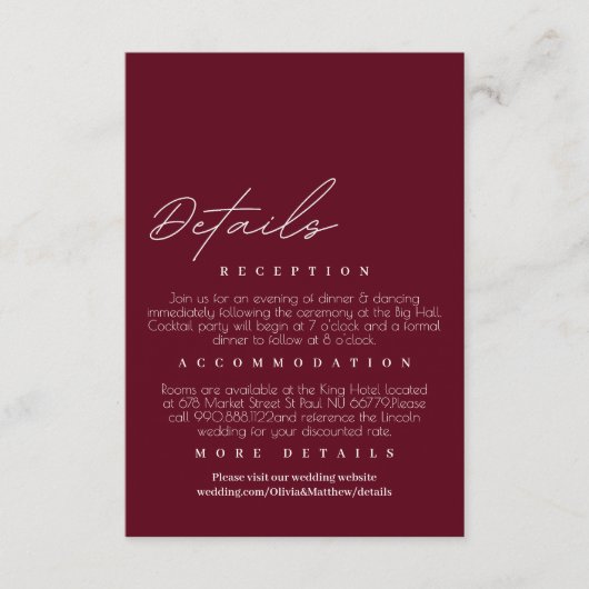 Moderne & elegante bordeauxrode trouwdetails informatiekaartje (Voorkant)