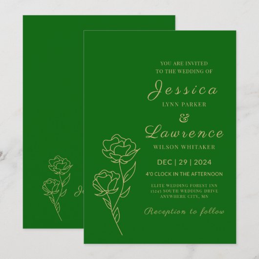 Moderne Elegante Bos Groen en gouden bruiloft Kaart (Voorkant / Achterkant)