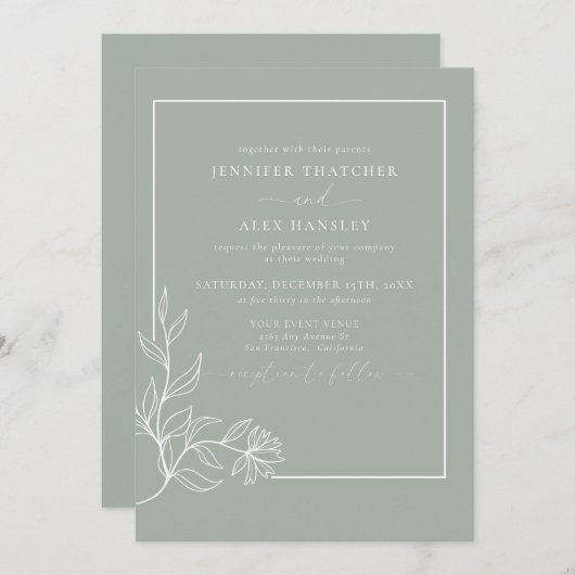 Moderne Elegante Botanische Bladeren QR Code Trouw Kaart (Voorkant / Achterkant)