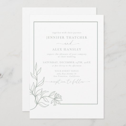 Moderne Elegante Botanische Bladeren QR Code Trouw Kaart (Voorkant / Achterkant)