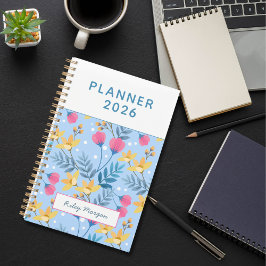 Moderne Elegante Botanische Roze Blauwe Bloem Planner