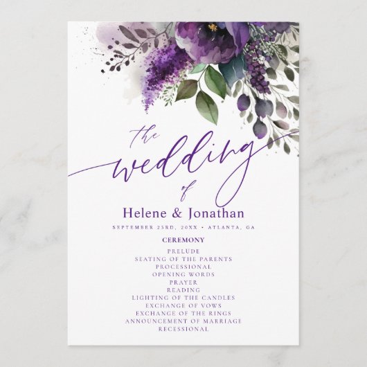 Moderne Elegante Botanische Waterverf Bloemenbruil Programmakaart (Voorkant)