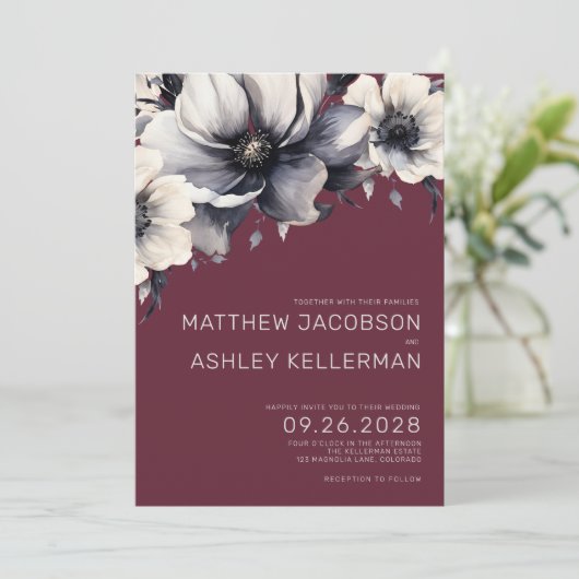 Moderne Elegante Bourgondische Rode Bloemen Bruilo Kaart (Staand voorkant)