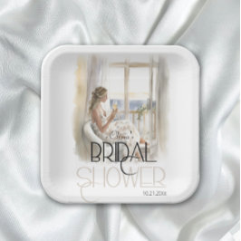 Moderne Elegante Bruid in Trouwjurk Vrijgezellenfe Papieren Bordje