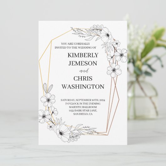 Moderne Elegante Bruiloft Uitnodiging met Bloemen (Staand voorkant)