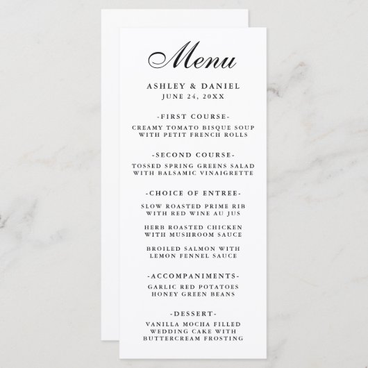 Moderne Elegante Bruiloft Zwart & Wit Menu (Voorkant / Achterkant)