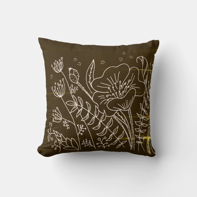 Moderne Elegante Bruine Witte Bloemen Kussen (Voorkant)