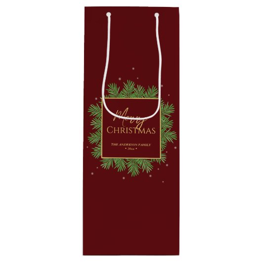 Moderne Elegante Burgundy Rode Kerst Botanisch Wijn Cadeautas (Voorkant)