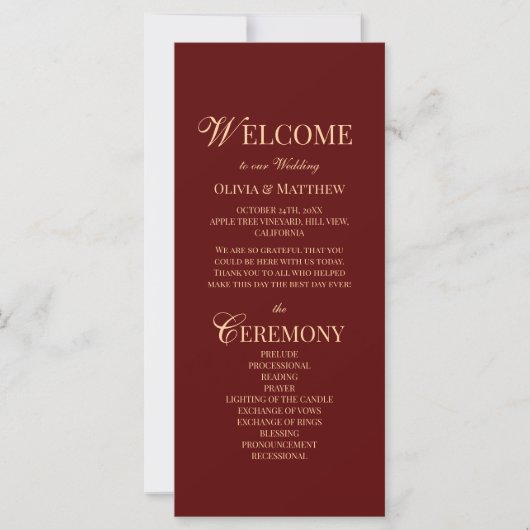 Moderne Elegante Burgundy Trouwprogramma (Voorkant)