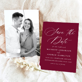 Moderne Elegante Calligrafie Burgundy Foto Bruilof Save The Date