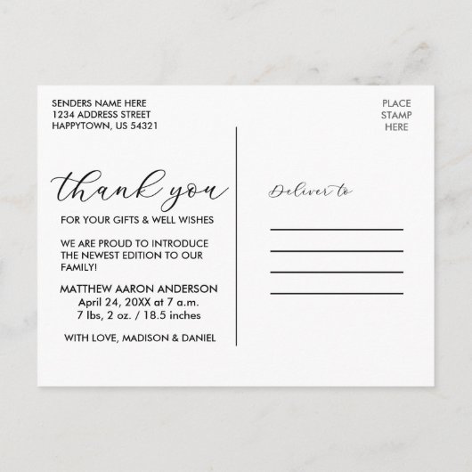 Moderne Elegante Calligrafie Nieuwe Baby Dank Je W Briefkaart (Achterkant)