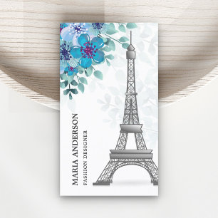Moderne Elegante Chic Blauwe Bloem Paris Eiffeltor Visitekaartje