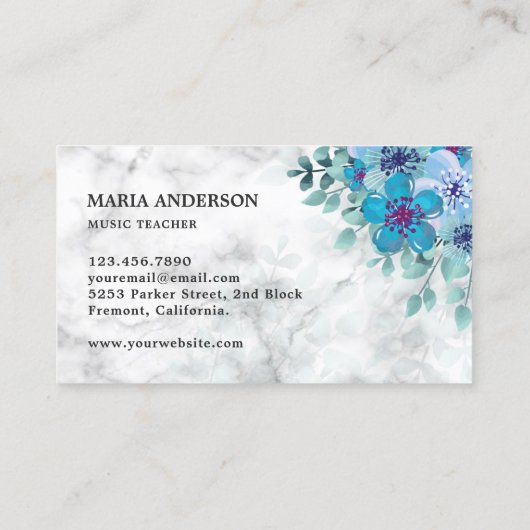 Moderne Elegante Chic Blue Floral Harp Muziekleraa Visitekaartje (Achterkant)